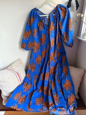 Bold Blue Maxi Dress with Orange Tiger Print